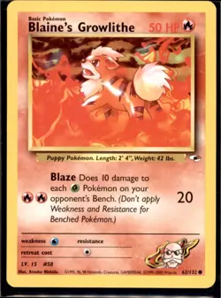 Blaine's Growlithe 62/132 Common Gym Heroes Pokemon Unlimited Lightly Played - Image 2