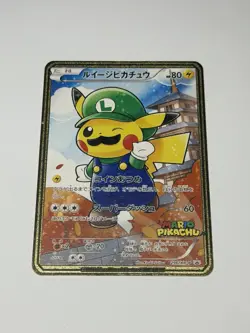 Pikachu Luigi Japanese Pokemon Promo Gold Metal Card Collectible Gift/Display - Image 1