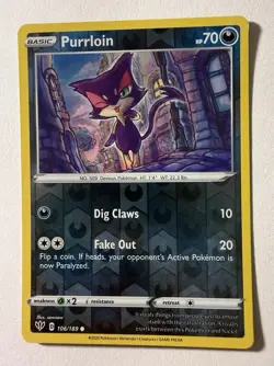 Reverse Holo Purrloin 106/189 Common SWSH03: Darkness Ablaze Pokemon - Image 1