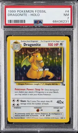 1999 POKEMON FOSSIL #4 DRAGONITE-HOLO PSA 7 - Image 1