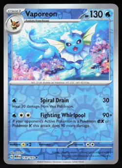 Vaporeon 134/165 Rare 151 Pokemon Reverse Holo NM - Image 1