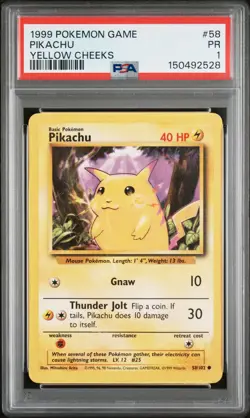 1999 POKEMON BASE SET YELLOW CHEEKS #58 PIKACHU PSA 1 - Image 1