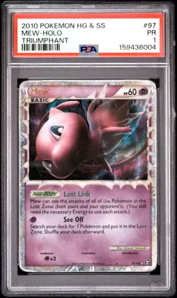 HUGE SWIRL PSA 1 2010 Pokemon HGSS Triumphant Mew Prime 97/102 Holo Foil Rare - Image 1