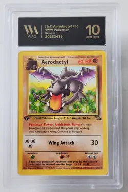 1999 Pokemon TCG Fossil 1st Edition Aerodactyl 16/62 WAG Graded Gem Mint 10 Slab - Image 1