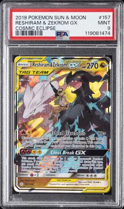 2019 POKEMON SUN & MOON COSMIC ECLIPSE #157 RESHIRAM & ZEKROM GX PSA 9 - Image 1