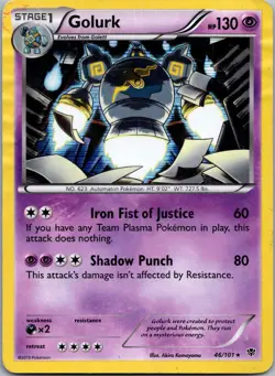 Golurk 46/101 Plasma Blast Holo Rare Pokemon Card (HP/DMG) small dent bottom R - Image 1