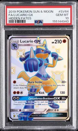 2019 POKEMON SUN & MOON HIDDEN FATES #SV64 FULL ART/LUCARIO GX PSA 10 - Image 1