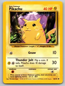 Pikachu 58/102 Common Base Set Unlimited Pokemon Lightly Played - Image 1