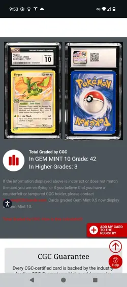 (POP 42) CGC 10 GEM MINT 2003 Pokemon EX Dragon Flygon 15/97 Card - Image 3