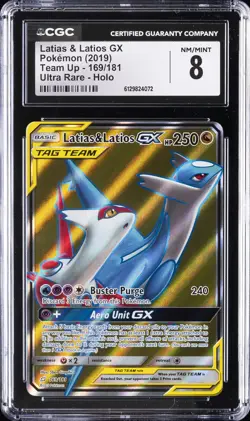 2019 POKEMON TEAM UP ULTRA RARE, HOLO #169 LATIAS & LATIOS GX CGC 8 - Image 1