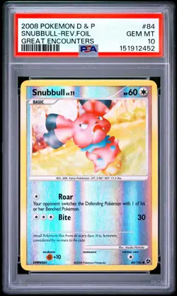 2008 POKEMON DIAMOND & PEARL GREAT ENCOUNTERS #84 SNUBBULL-REVERSE FOIL PSA 10 - Image 1