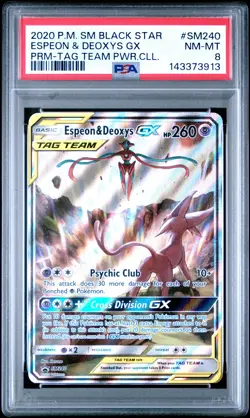 2020 Pokemon Sm Black Star Promo #SM240 Espeon & Deoxys Gx Tag Team PSA 8 - Image 1