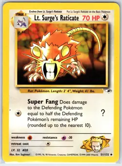 Lt. Surge's Raticate 51/132 Uncommon Gym Heroes Pokemon Unlimited Near Mint - Image 1