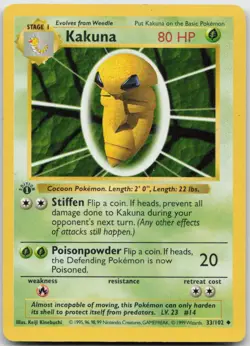 Kakuna 33/102 Uncommon Base Set Shadowless Pokemon TCG 1st Edition MP - Image 1