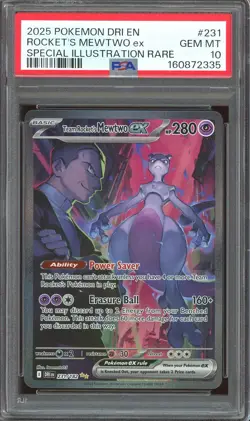 2025 Pokemon SV Destined Rivals #231 Team Rocket's Mewtwo ex SIR PSA 10 GEM MINT - Image 1