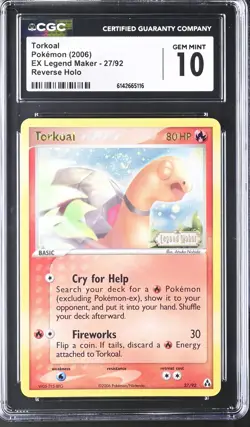 CGC 10 GEM MINT Torkoal 27/92 EX Legend Maker Reverse Holo Stamped Pokemon Card - Image 1