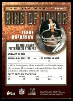 2002 Topps #TB14 Terry Bradshaw Ring of Honor - Image 2