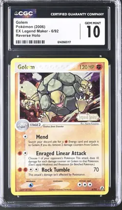 CGC 10 GEM MINT Golem 6/92 EX Legend Maker Reverse Holo Stamped Pokemon Card - Image 1