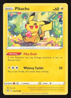 Pikachu 052/196 Common Lost Origin Pokemon Moderately Played - Image 1
