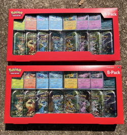 Pokemon Prismatic Evolutions 8 Mini Tins w Promo Cards Costco - Lot of 2 SEALED - Image 1