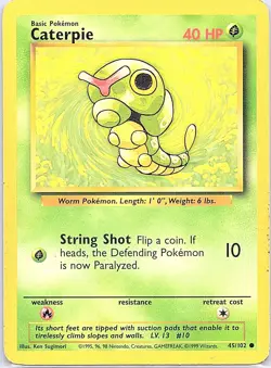 Caterpie 45/102 Common Base Set Unlimited Pokemon Damaged - Image 1