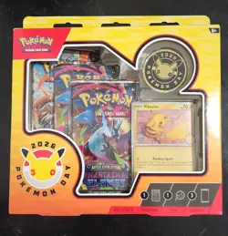 Pokemon TCG: Pokemon Day 2026 Collection - Pikachu Promo, Coin, Stamp, 3 Packs - Image 1