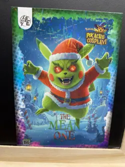 Pikachu as Cosplay Grinch- The Mean One Lazer Holo Non- Pokemon Fan Art Card - Image 5