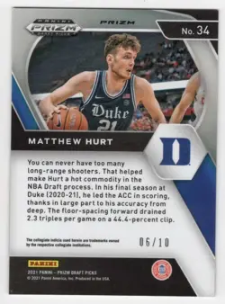 MATT HURT RC 2021-22 Panini Prizm Draft Picks Prizms /10 Gold Shimmer # ID:32443 - Image 2