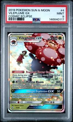 PSA 9 MINT Vileplume GX Cosmic Eclipse Full Art Holo 2019 Pokemon SM 4/236 - Image 1