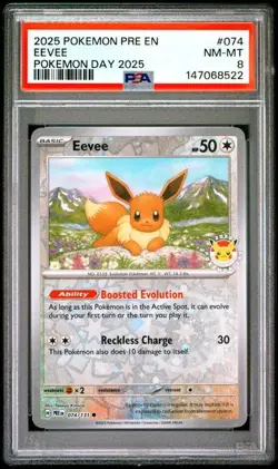 PSA 8 NM-MT Eevee Pokemon Day 2025 Promo Reverse Cosmos Holo Pokemon 074/131 - Image 1
