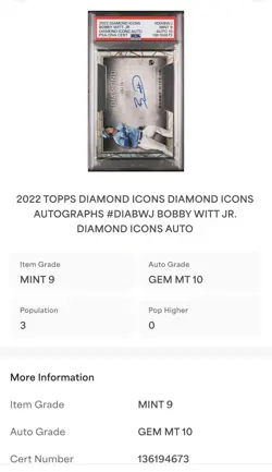 2022 Topps Diamond Icons Autographs RC Bobby Witt Jr #DIABWJ AUTO /25 PSA 9 / 10 - Image 4