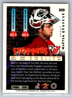 1995-96 Score Stoppers Black Ice Martin Brodeur New Jersey Devils #323 HOF - Image 2