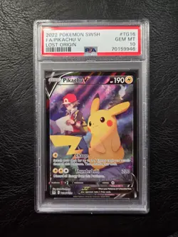 2022 Pokemon Pikachu v TG16/TG30 Swsh11 Lost Origin Full Art Holo PSA 10 - Image 1