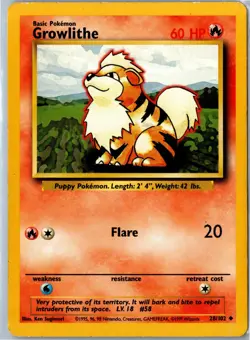 Vintage Pokemon Card - Growlithe Base Set Unlimited 28/102 Uncommon HP - Image 1