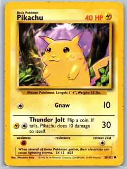 Pikachu 58/102 Common Base Set Unlimited Pokemon Heavily Played - Image 1