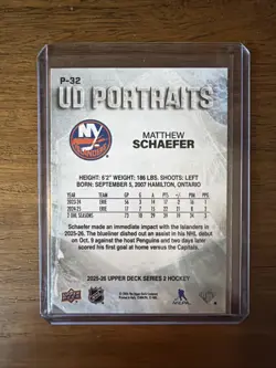 Matthew Schaefer 2025-26 Upper Deck Series 2 UD Portraits NY Islanders ROOKIE - Image 2