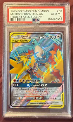 2019 Pokemon Hidden Fates Moltres Zapdos Articuno GX 66/68 EN Tag Team PSA 10 - Image 1