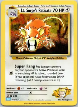 Lt. Surge's Raticate 016/034 Holo Trading Card Game NM - Image 1