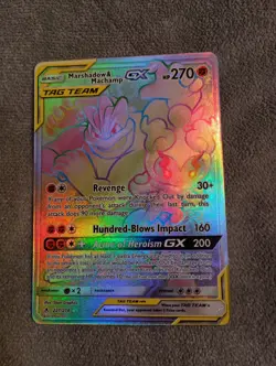 Pokemon Unbroken Bonds Marshadow Machamp Tag Team GX Rainbow Card 221/214 LP+ - Image 1