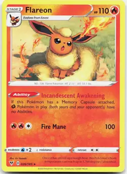 Flareon 026/185 Rare Vivid Voltage Pokemon Near Mint - Image 1