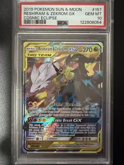 2019 POKEMON SUN & MOON COSMIC ECLIPSE #157 RESHIRAM & ZEKROM GX PSA 10 - Image 1