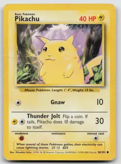 Pikachu 58/102 (Yellow Cheeks) Base Set Unlimited Pokemon HP/DMG C928 - Image 1