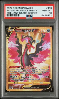 Galarian Moltres V PSA 10 English Pokemon Card Brilliant Stars 183 Gold 2022 - Image 1