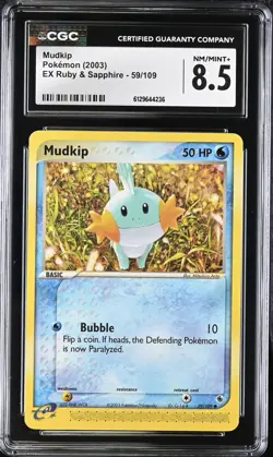 CGC 8.5 NM MINT + Mudkip 59/109 Ex Ruby & Sapphire Vintage 2003 Pokemon Card - Image 1