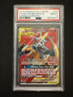 PSA 8 CHARIZARD & BRAIXEN GX 212 COSMIC ECLIPSE FULL ART 2019 POKEMON SUN MOON - Image 1