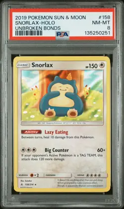 2019 POKEMON SUN & MOON UNBROKEN BONDS #158 SNORLAX-HOLO PSA 8 - Image 1