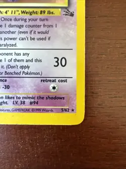 Gengar 5/62 Holo Fossil Holo Rare Unlimited 1999 Vintage Pokemon TCG 5/62 - Image 4
