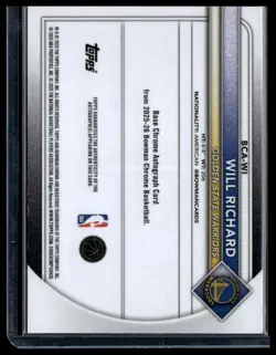 2025-26 Bowman Will Richard (RC) Chrome Autographs Orange Geometric /25 Warriors - Image 2