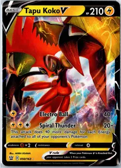 Pokemon Card - Tapu Koko V 050/163 Battle Styles V Rare Holo Near Mint - Image 1