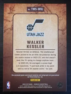 2024-25 Panini Donruss Walker Kessler treasured Materials GU Patch Auto /99 - Image 2